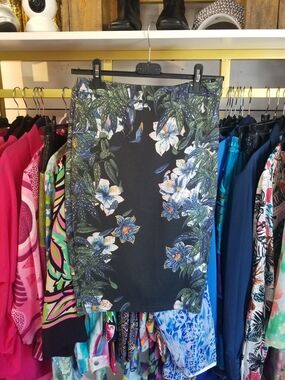 Zara Black Floral Pencil Skirt with Blue & Green Leaves